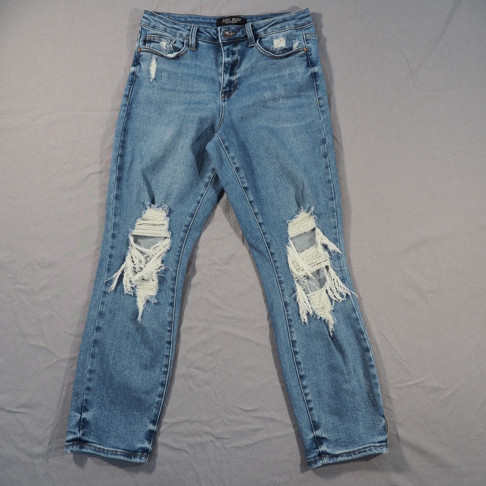 Judy Blue Jeans Womens 7/28 Boyfriend Stretch Ankle Medium Wash Distress Whisker